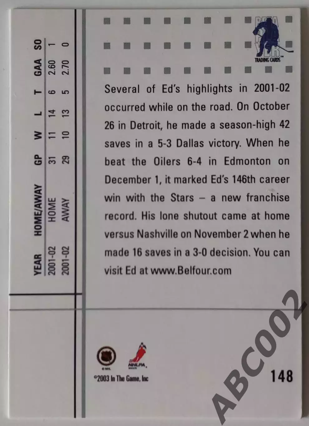 Карточка НХЛ / Ed Belfour / Maple Leafs / Home & Away 1