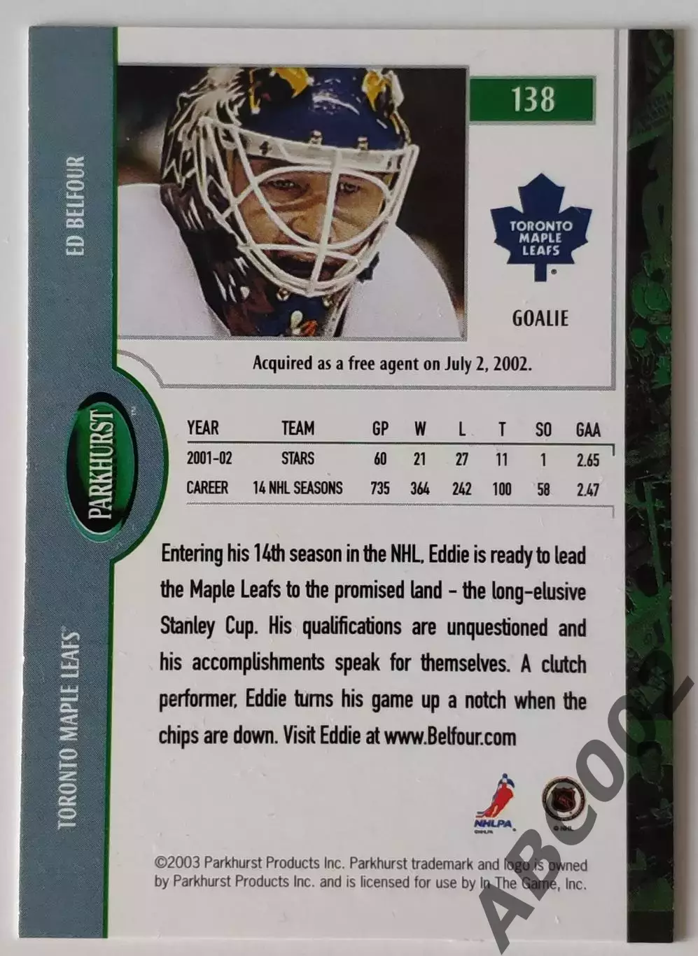 Карточка НХЛ / Ed Belfour / Maple Leafs / Parkhurst 1
