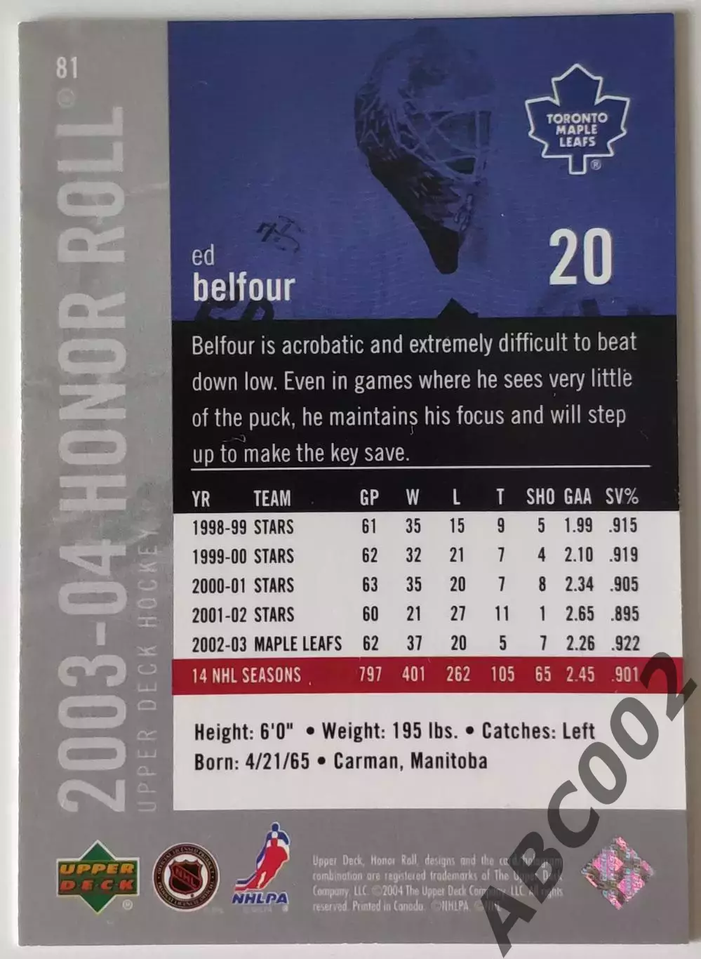 Карточка НХЛ / Ed Belfour / Maple Leafs / Honor Roll 1