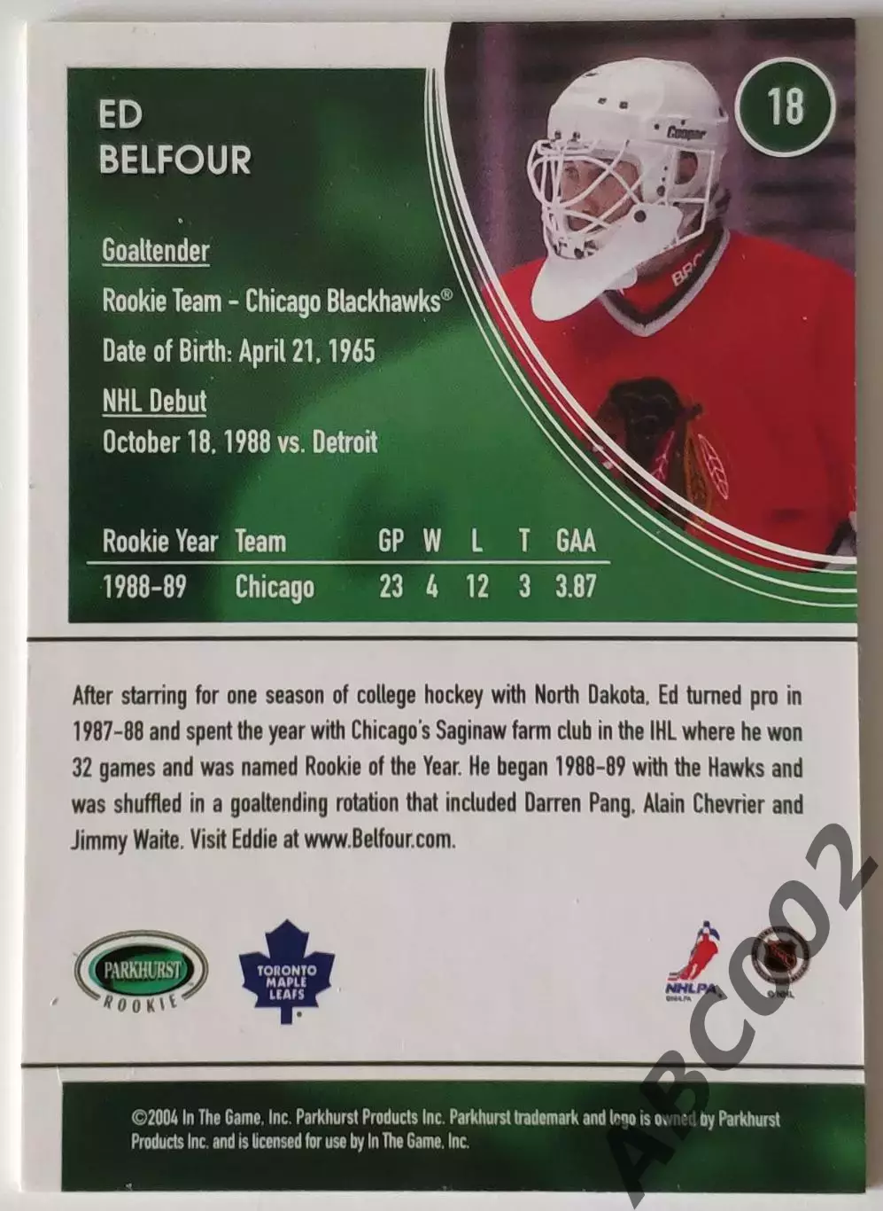 Карточка НХЛ / Ed Belfour / Maple Leafs / Parkhurst Rookie 1