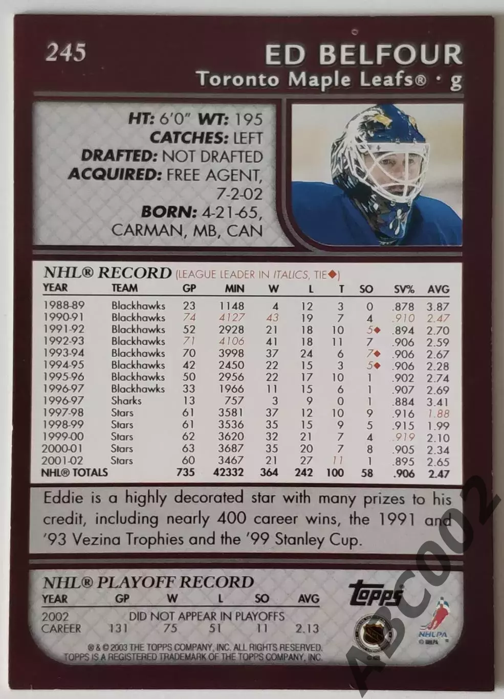 Карточка НХЛ / Ed Belfour / Maple Leafs / Topps NHL Record 1