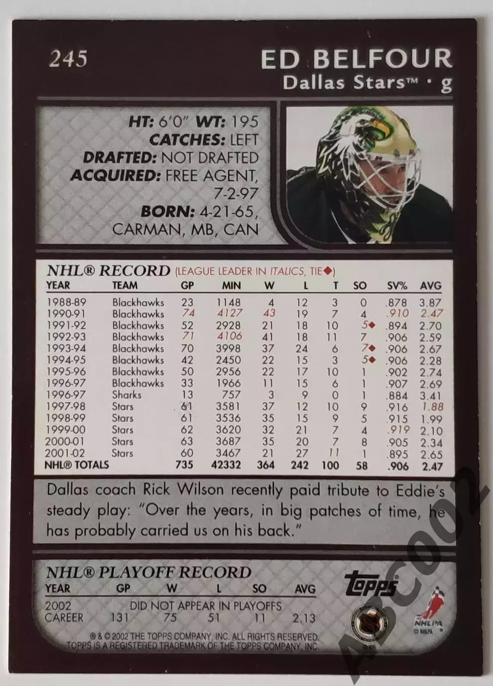 Карточка НХЛ / Ed Belfour / Dallas Stars / Topps NHL Record 1