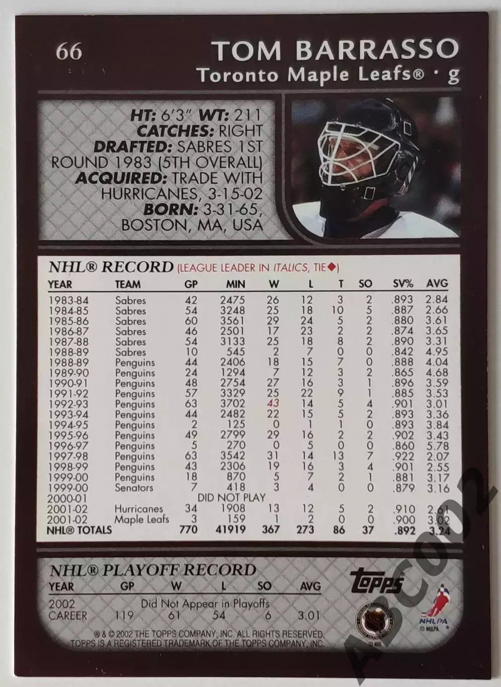 Карточка НХЛ / Tom Barrasso / Maple Leafs / Topps 1