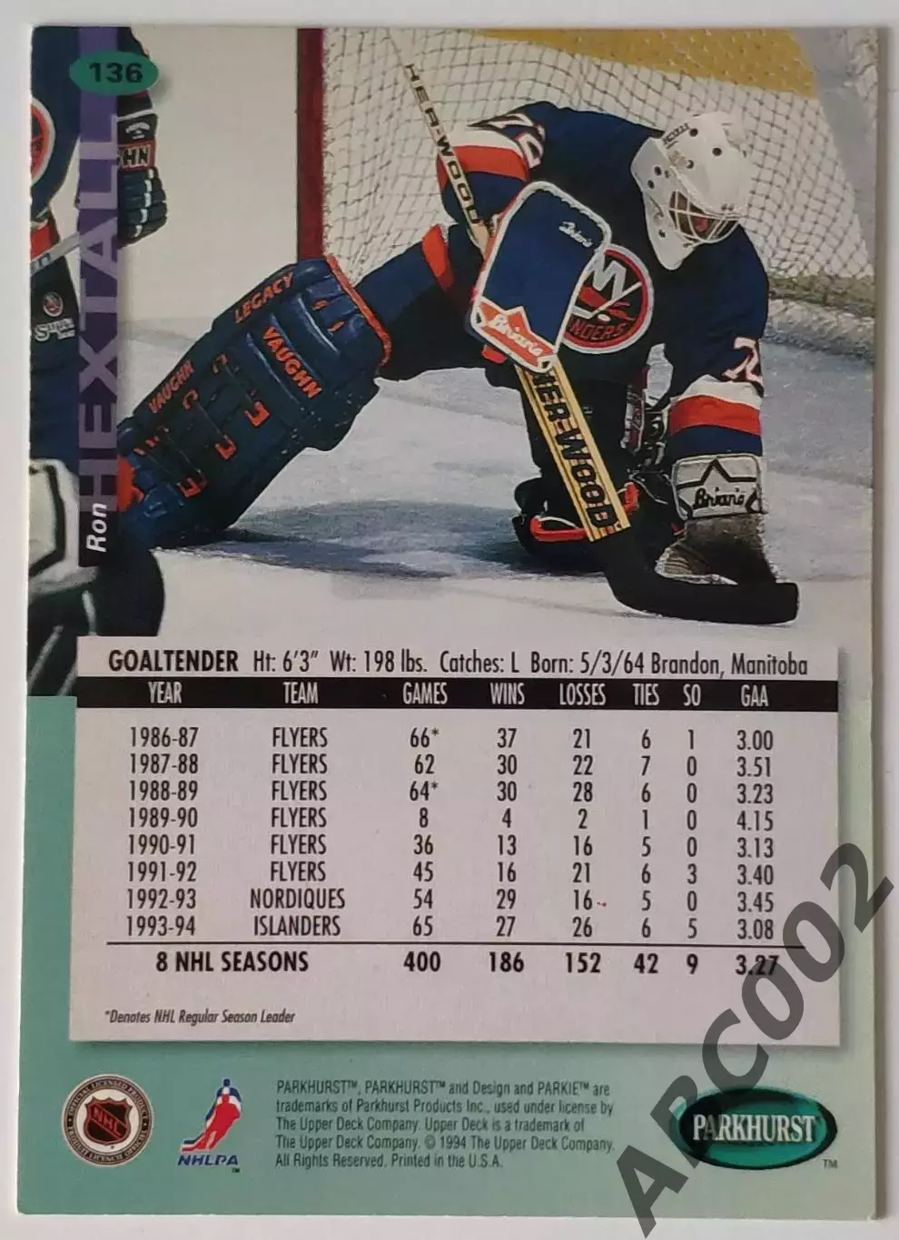Карточка НХЛ / Ron Hextall / Islanders / Parkhurst 1
