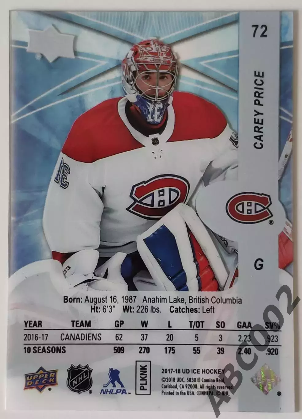 Карточка НХЛ / Carey Price / Canadiens / Ice 1