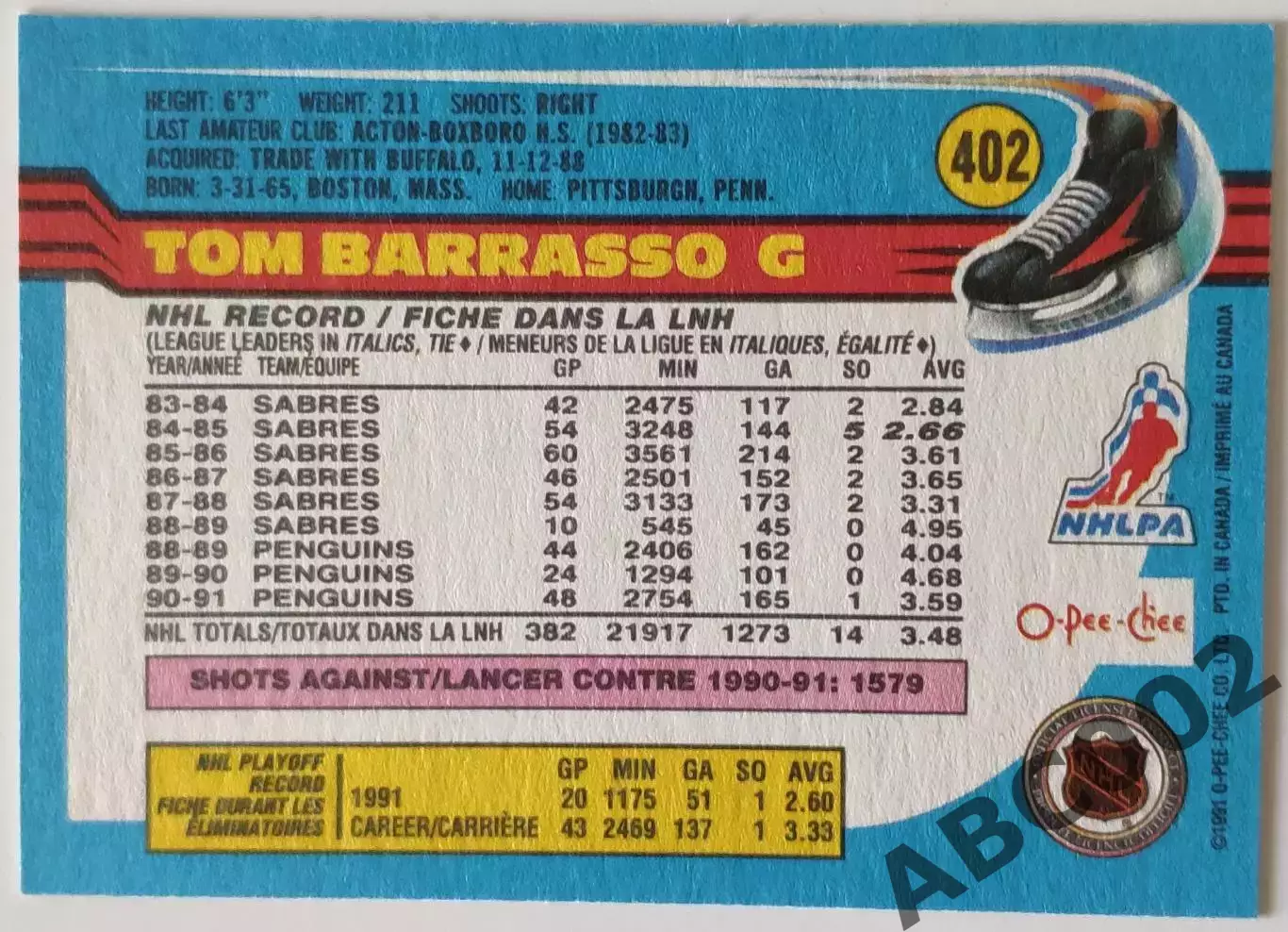 Карточка НХЛ / Tom Barrasso / Penguins / O-Pee-Chee 1