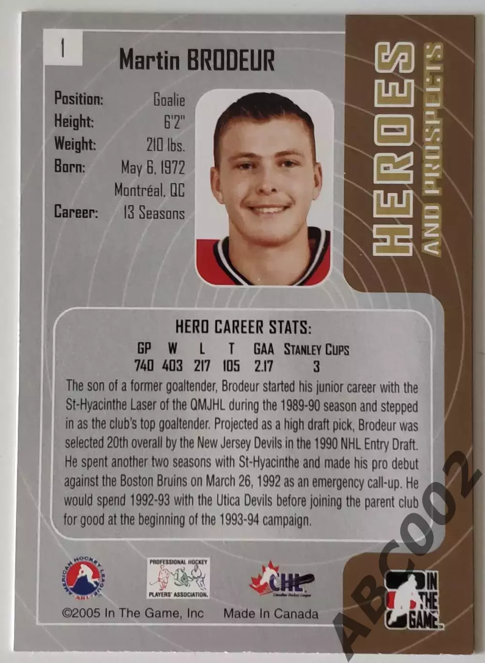 Карточка НХЛ / Martin Brodeur / Devils / Heroes & Prospects 1