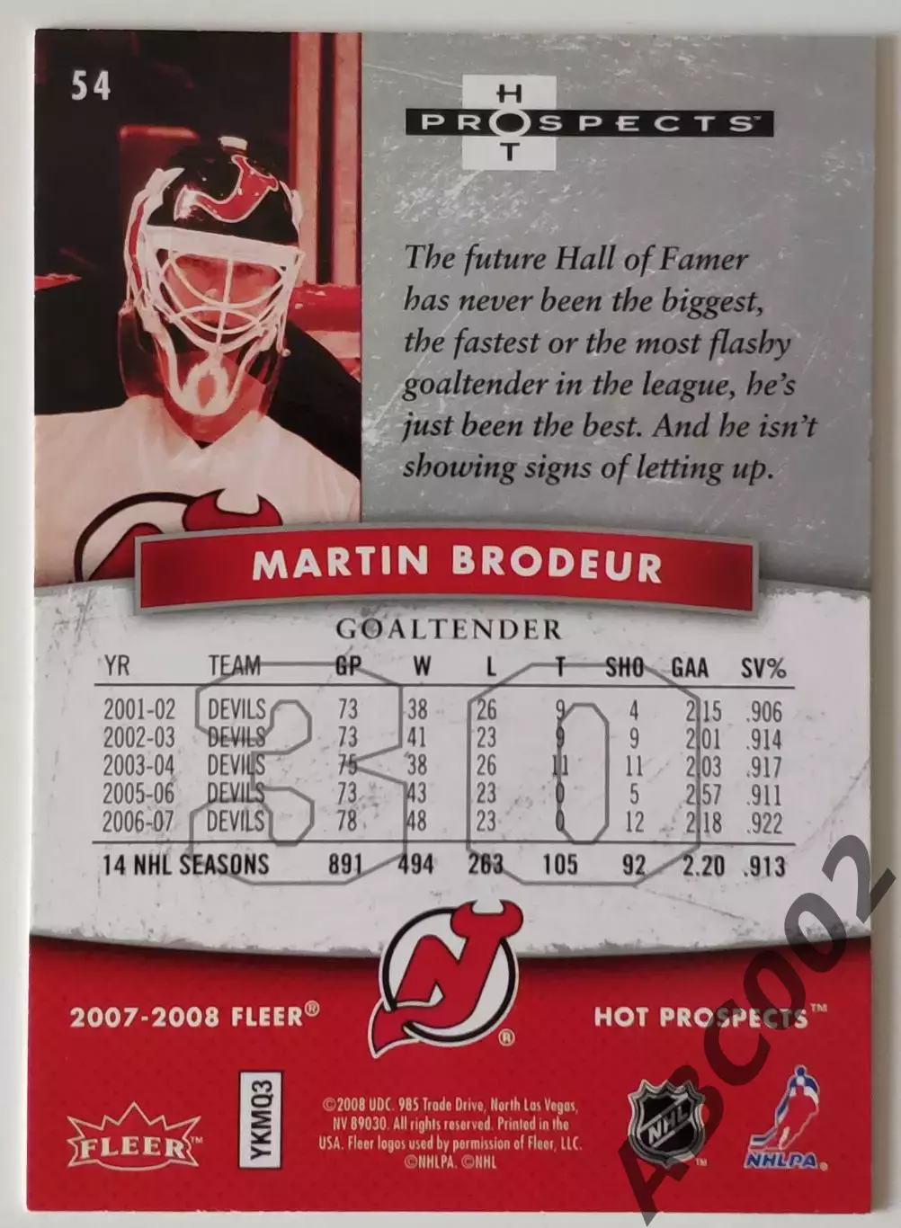 Карточка НХЛ / Martin Brodeur / Devils / Hot Prospects 1