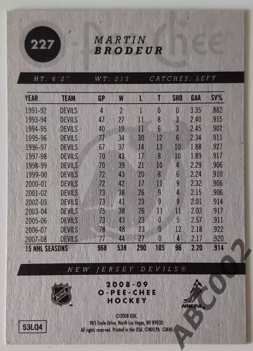 Карточка НХЛ / Martin Brodeur / Devils / O-Pee-Chee 1