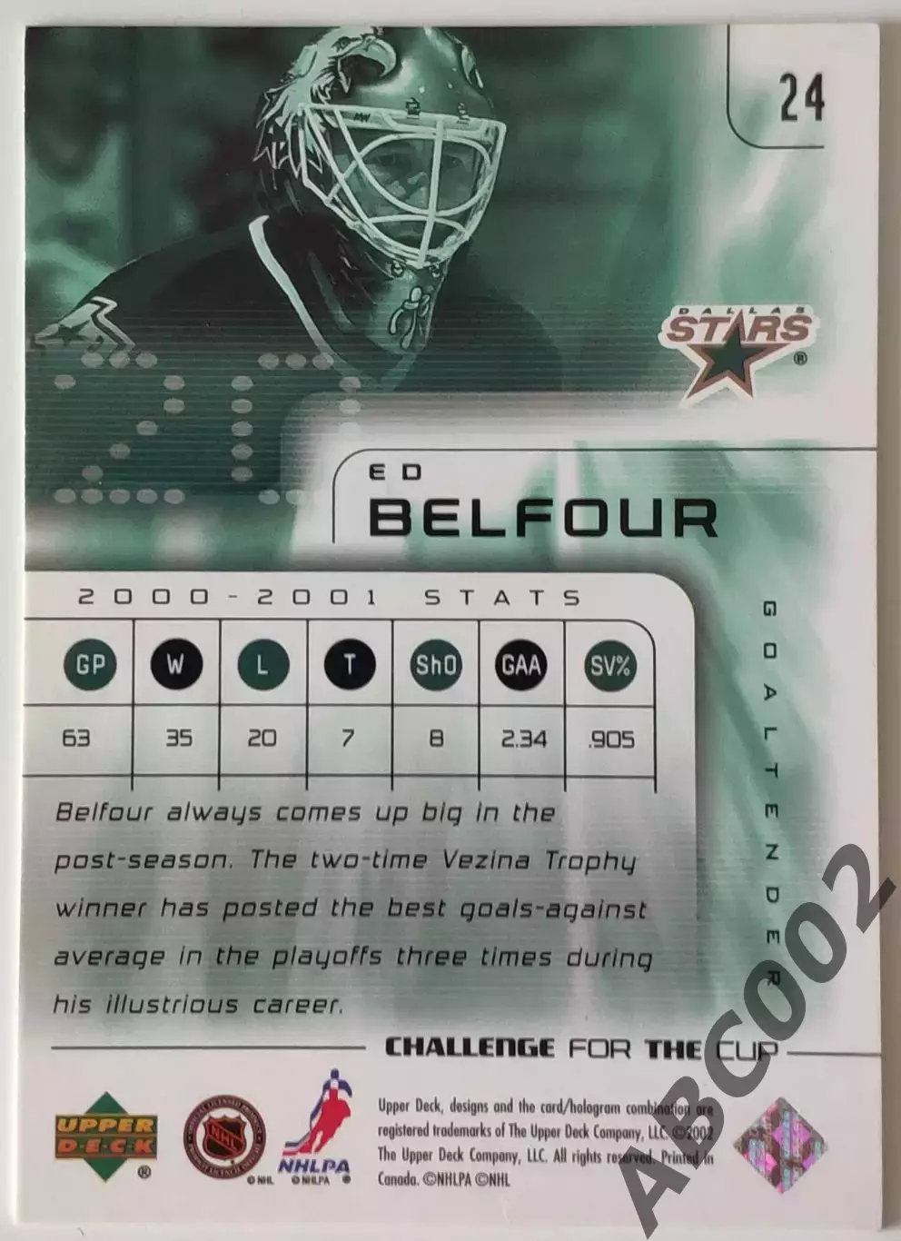 Карточка НХЛ / Ed Belfour / Dallas Stars / Challenge for the Cup 1
