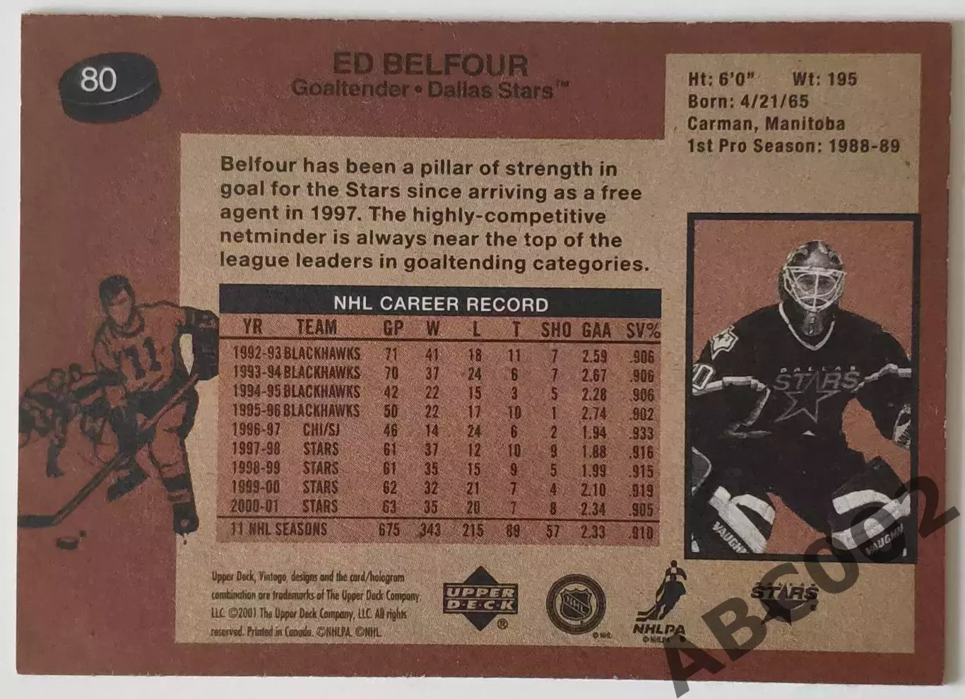 Карточка НХЛ / Ed Belfour / Dallas Stars / Vintage 1