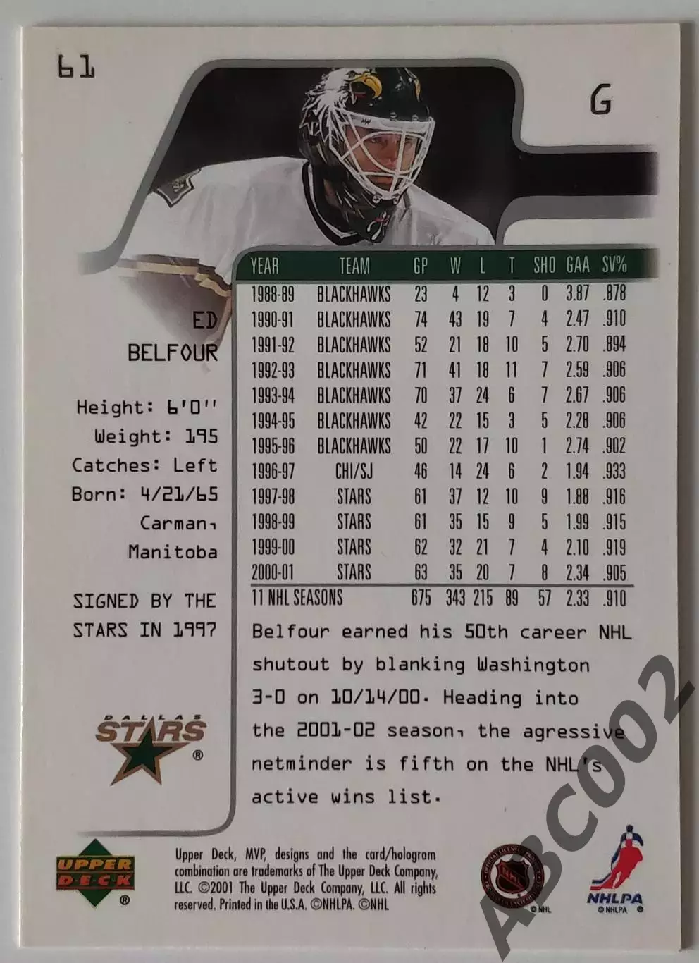 Карточка НХЛ / Ed Belfour / Dallas Stars / MVP 1