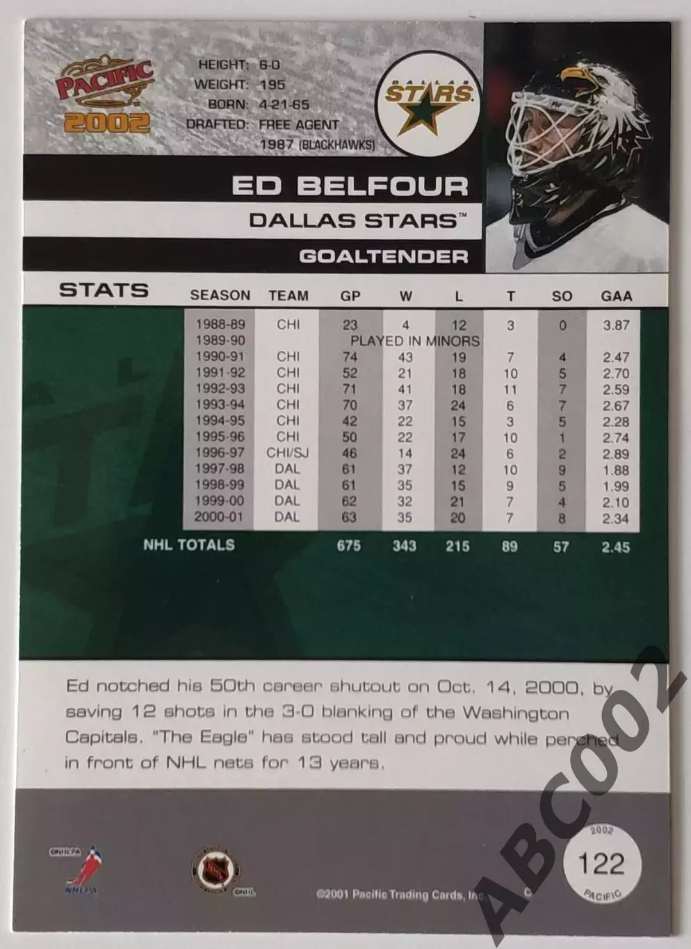 Карточка НХЛ / Ed Belfour / Dallas Stars / Pacific 1