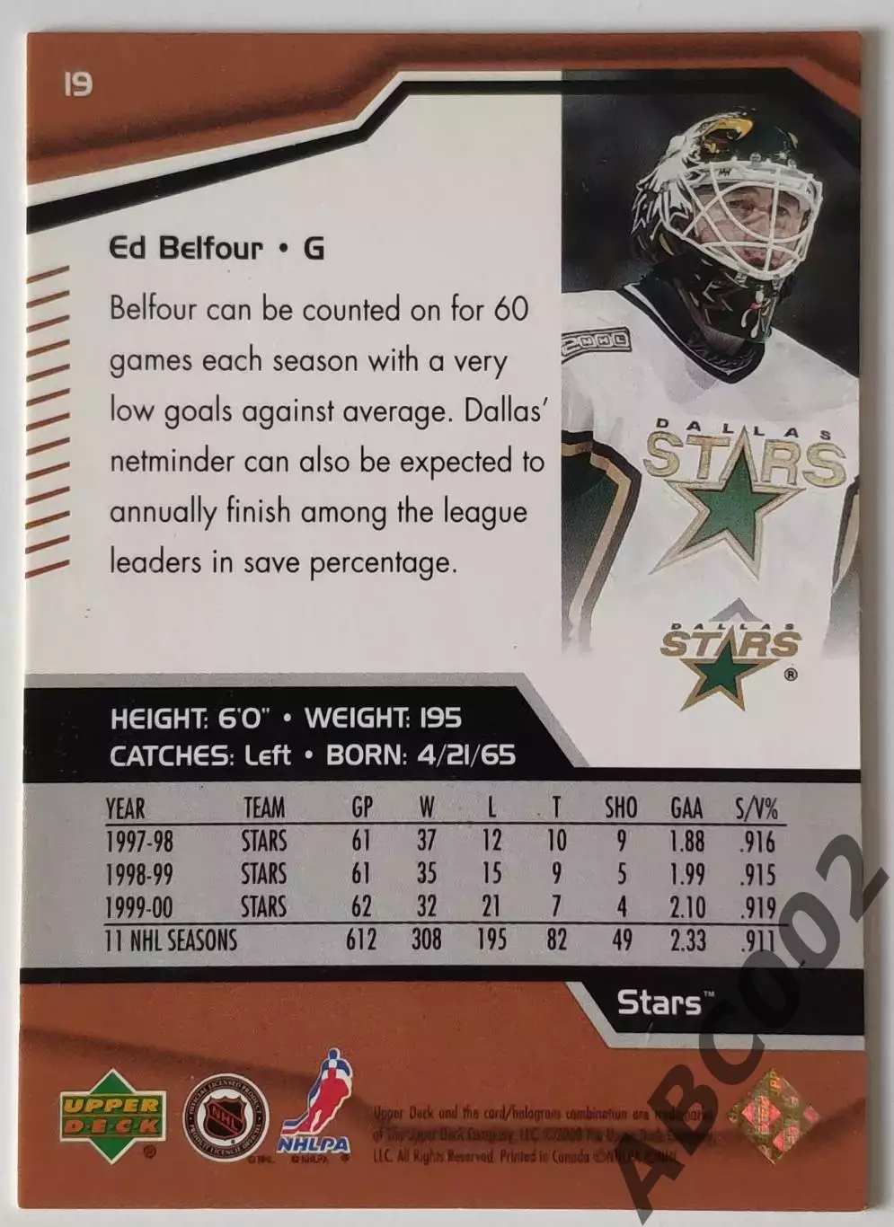 Карточка НХЛ / Ed Belfour / Dallas Stars / Black Diamond 1
