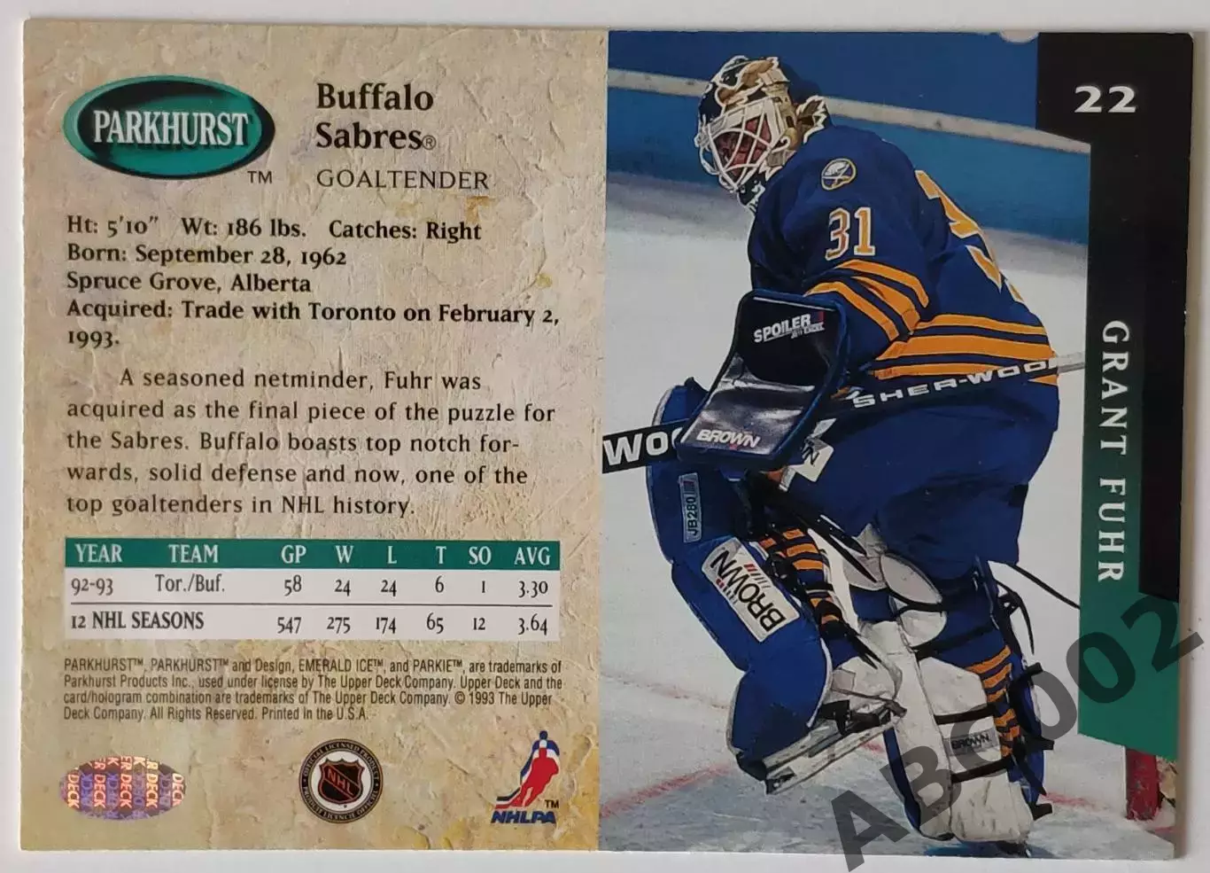 Карточка НХЛ / Grant Fuhr / Sabres / Parkhurst / Green 1