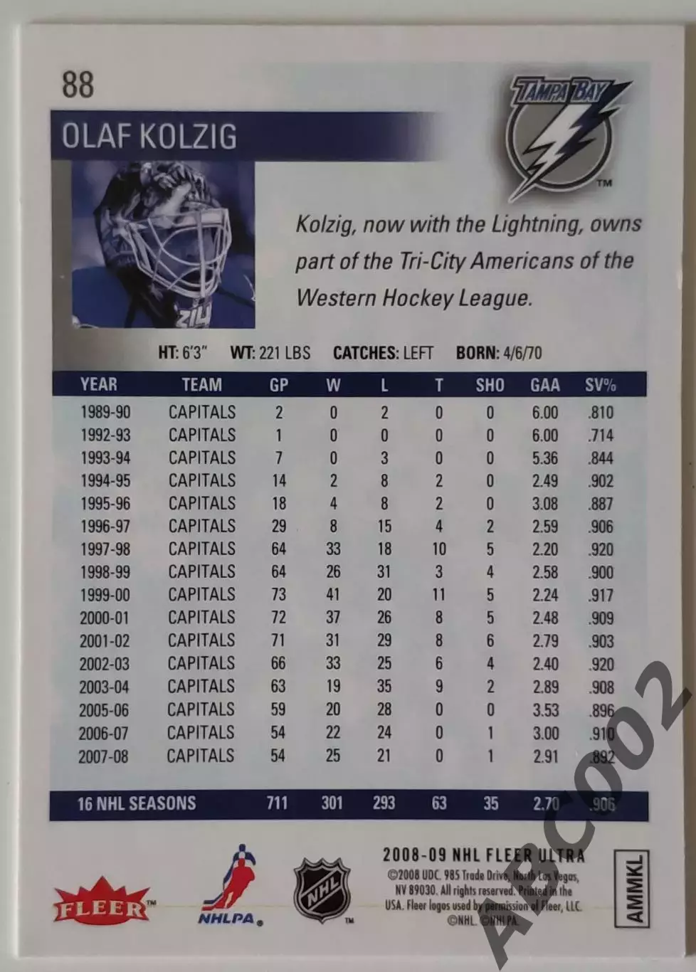 Карточка НХЛ / Olaf Kolzig / Capitals / Fleer Ultra 1