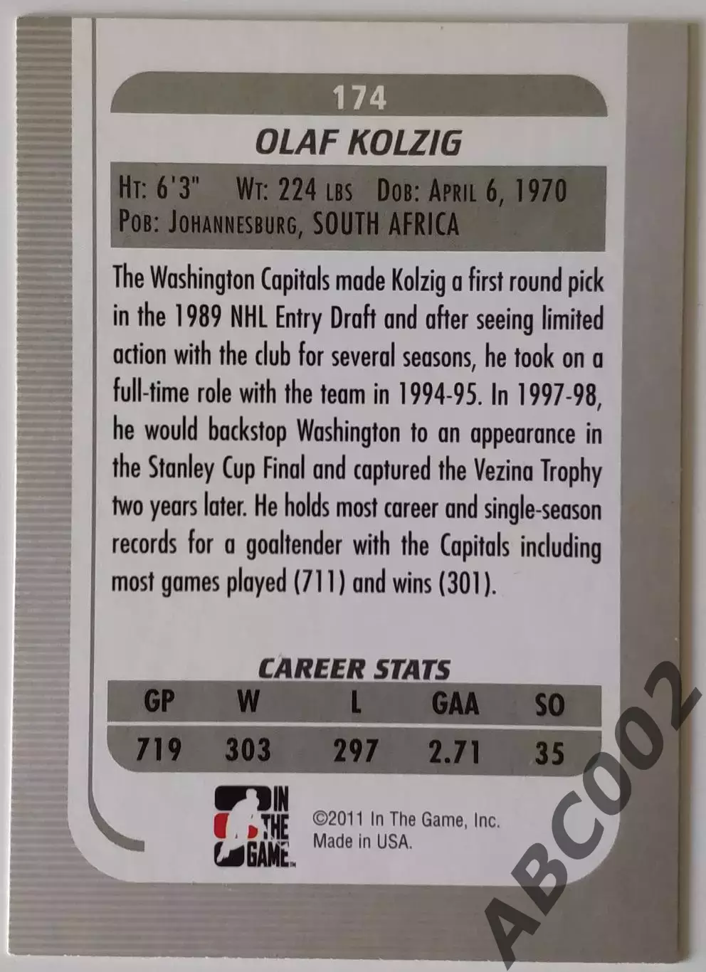 Карточка НХЛ / Olaf Kolzig / Capitals / Between The Pipes 1