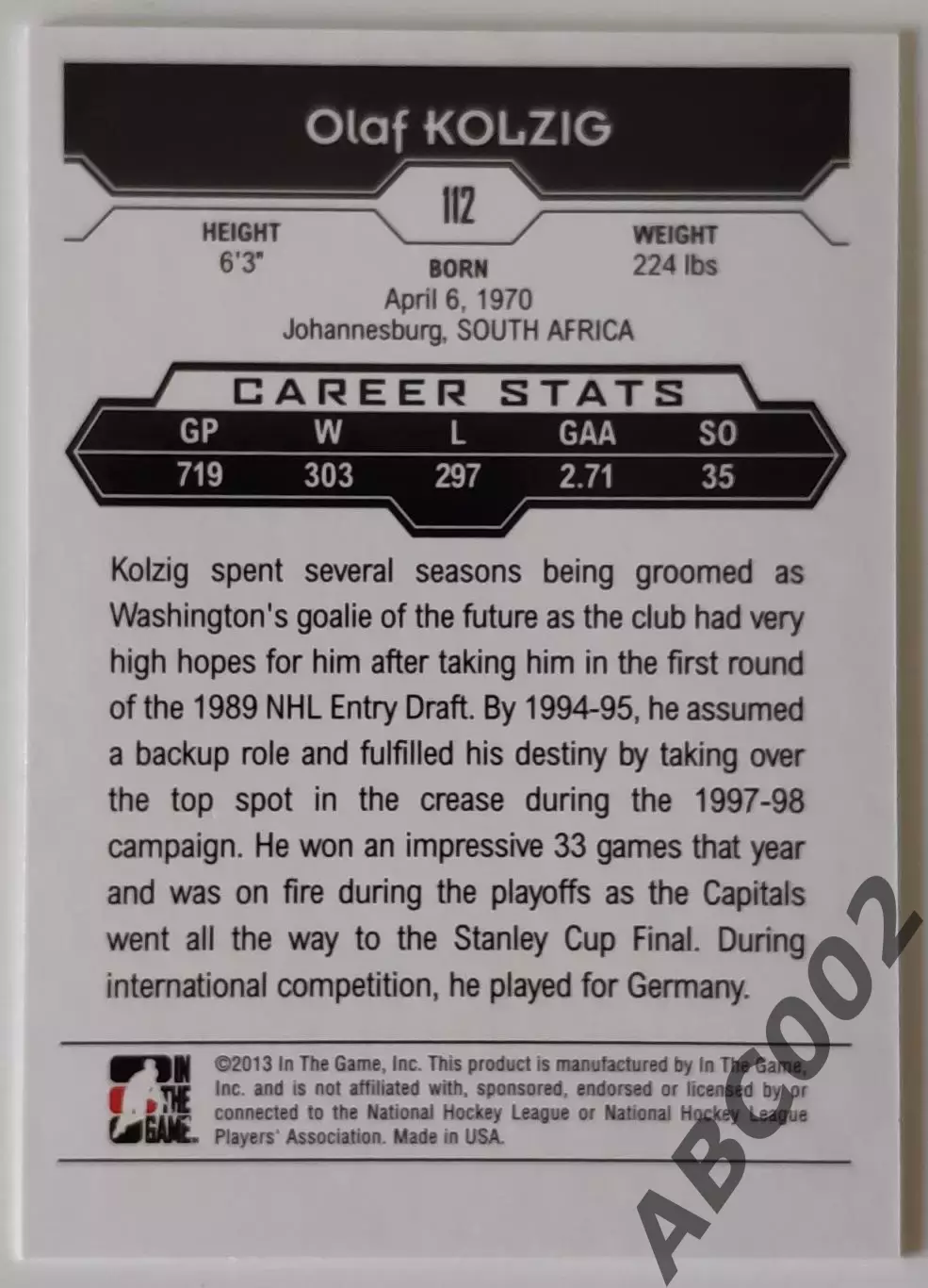 Карточка НХЛ / Olaf Kolzig / Capitals / Decades 1