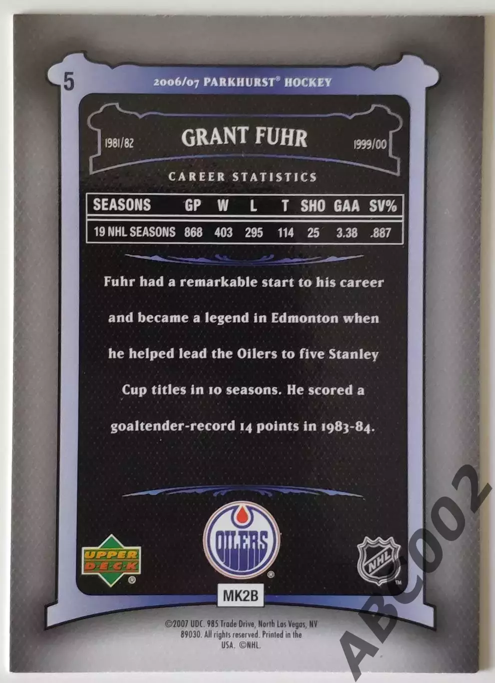 Карточка НХЛ / Grant Fuhr / Oilers / Parkhurst 1