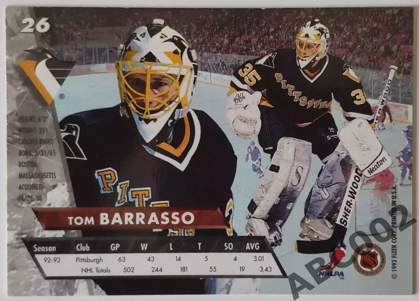 Карточка НХЛ / Tom Barrasso / Penguins / Fleer Ultra 1