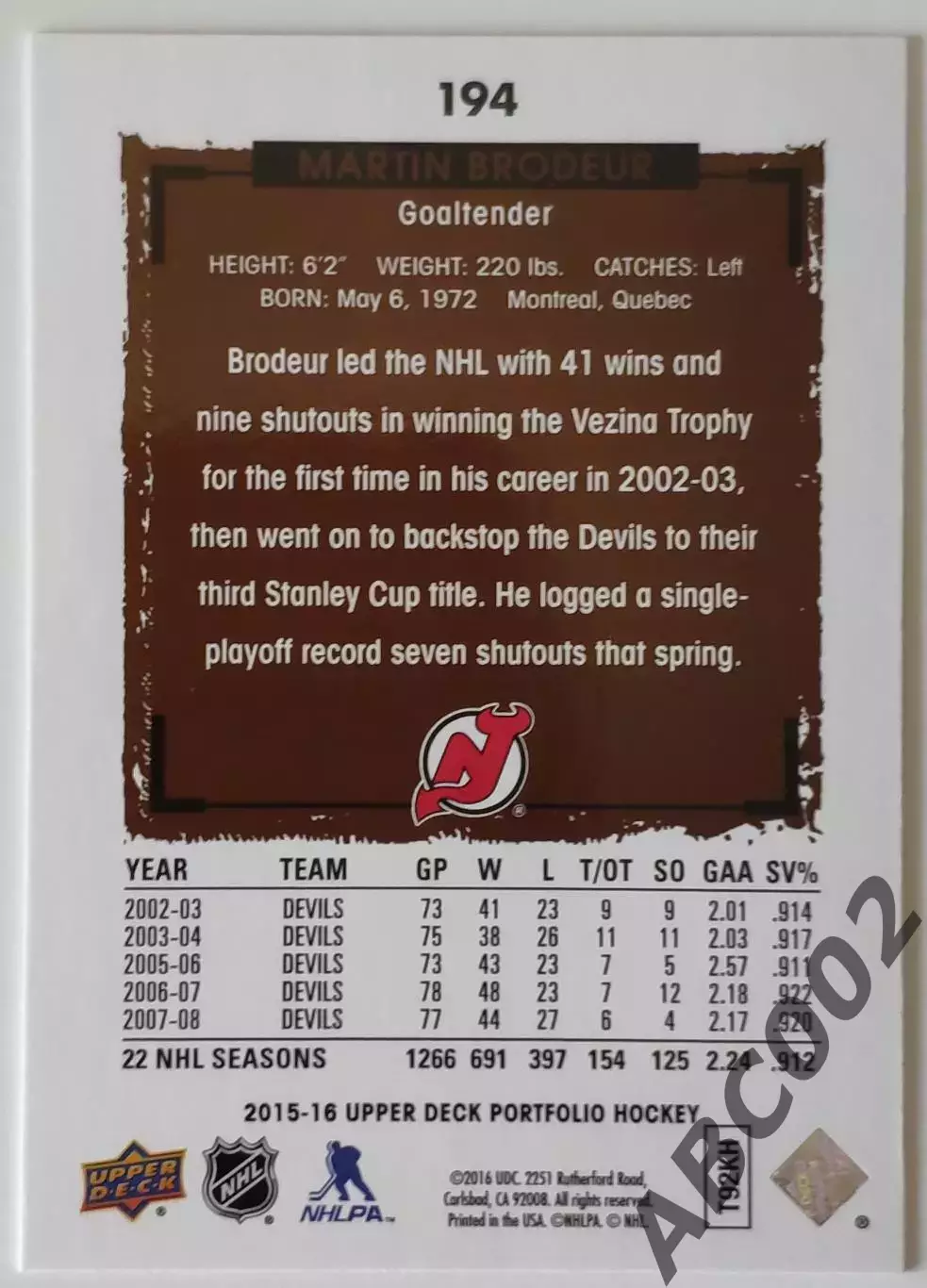 Карточка НХЛ / Martin Brodeur / Devils / Portfolio 1