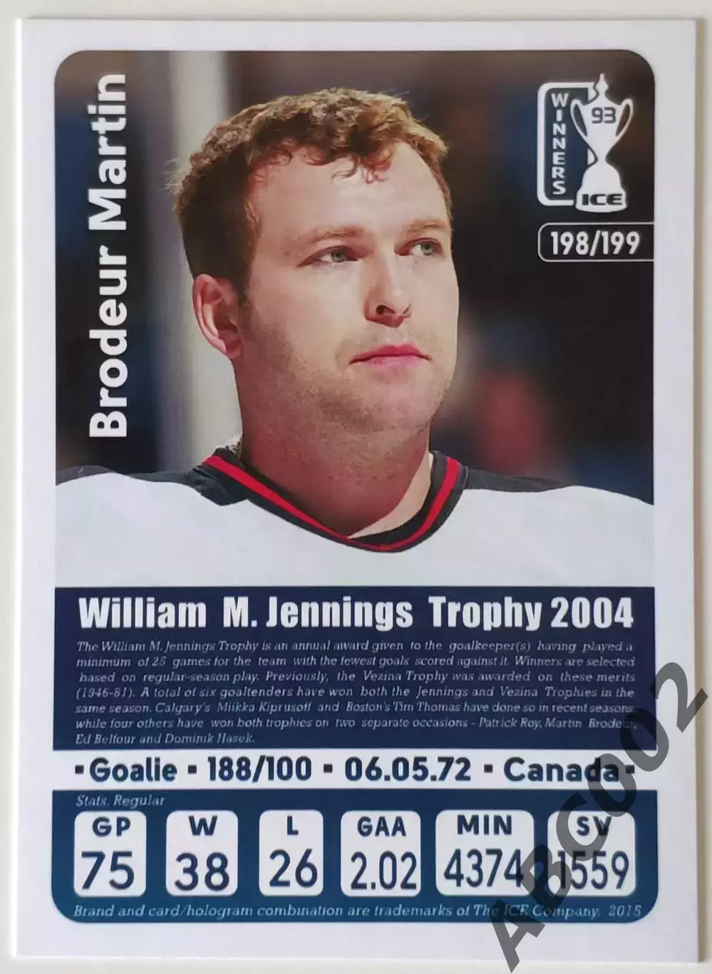 Карточка НХЛ / Martin Brodeur / Devils / William Jennings Trophy 2004 1