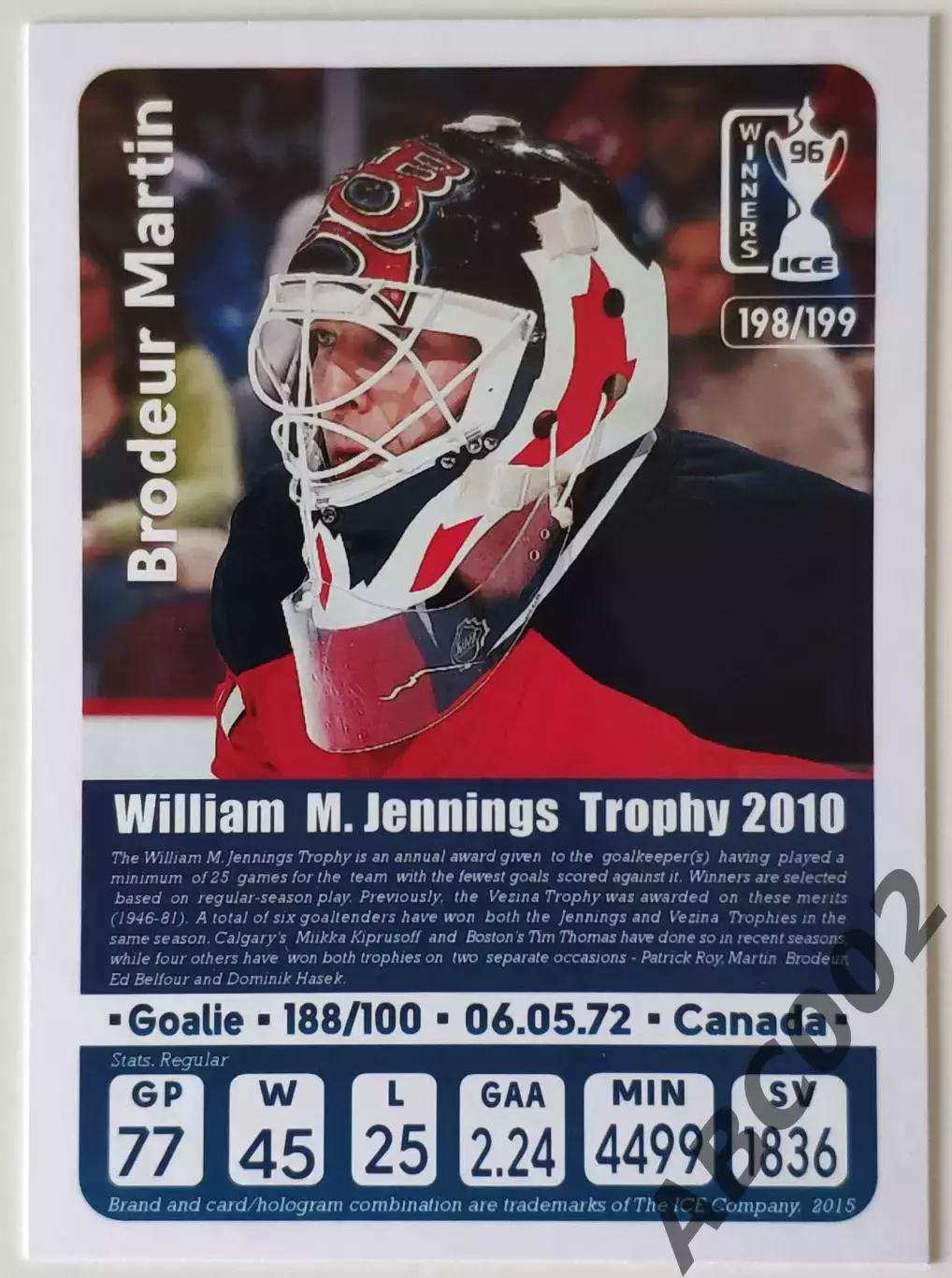 Карточка НХЛ / Martin Brodeur / Devils / William Jennings Trophy 2010 1