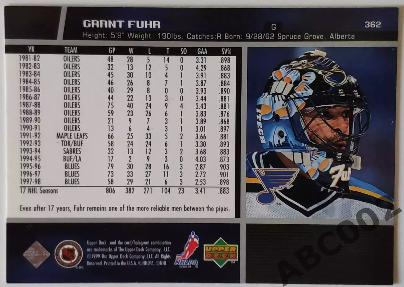 Карточка НХЛ / Grant Fuhr / Blues / Upper Deck 1