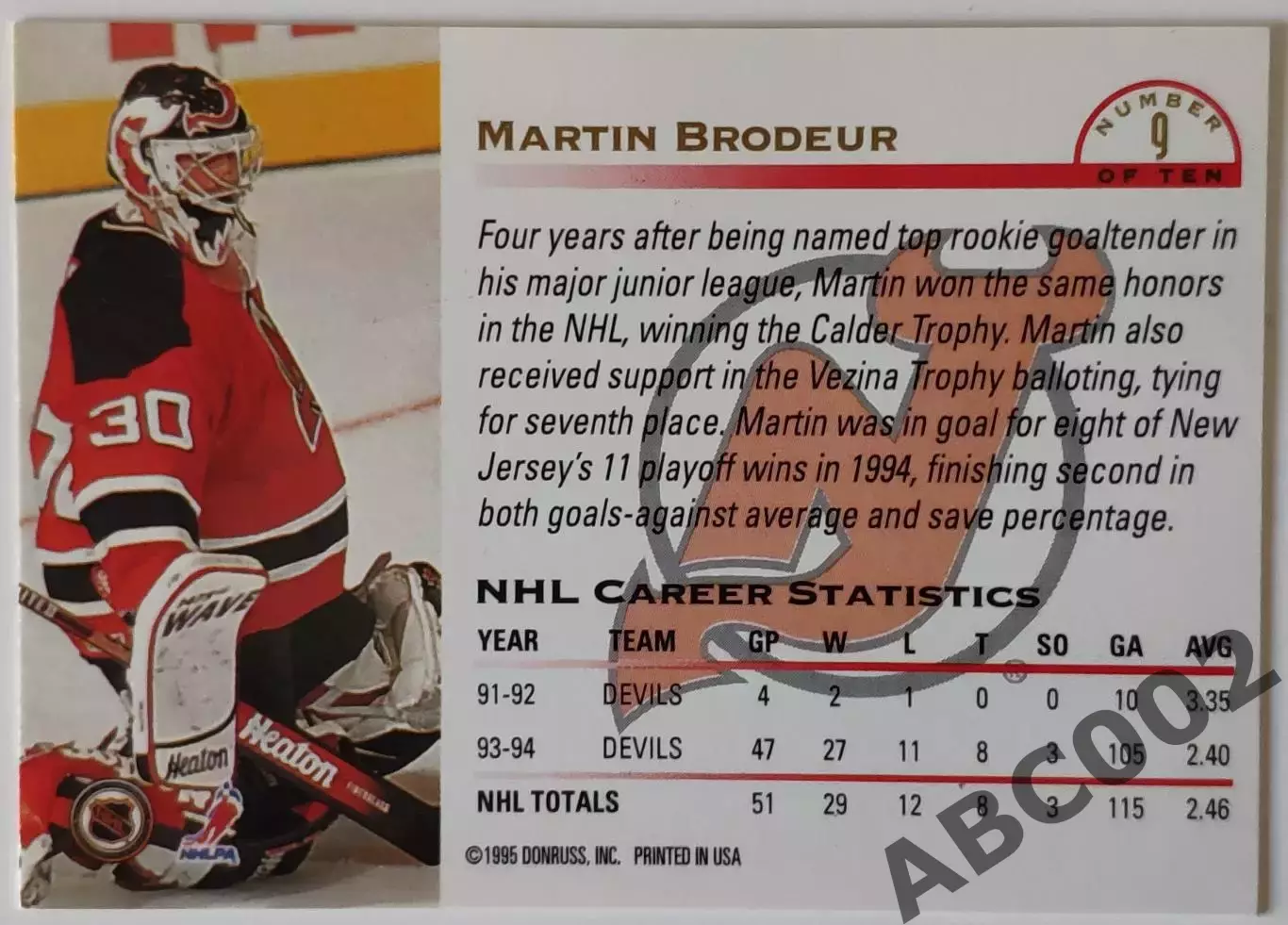 Карточка НХЛ / Martin Brodeur / Devils / The Leaf Set 1