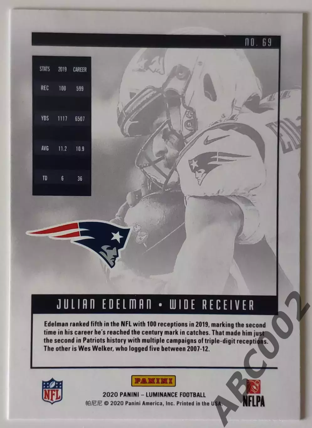 Карточка NFL / Julian Edelman / New England Patriots / Luminance 1