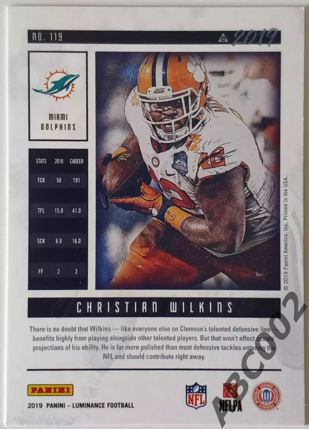 Карточка NFL / Christian Wilkins / Miami Dolphins / Luminance 1
