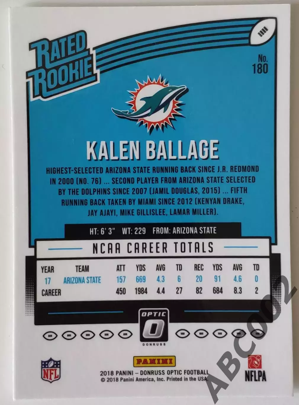 Карточка NFL / Kalen Ballage / Miami Dolphins / Rated Rookie 1