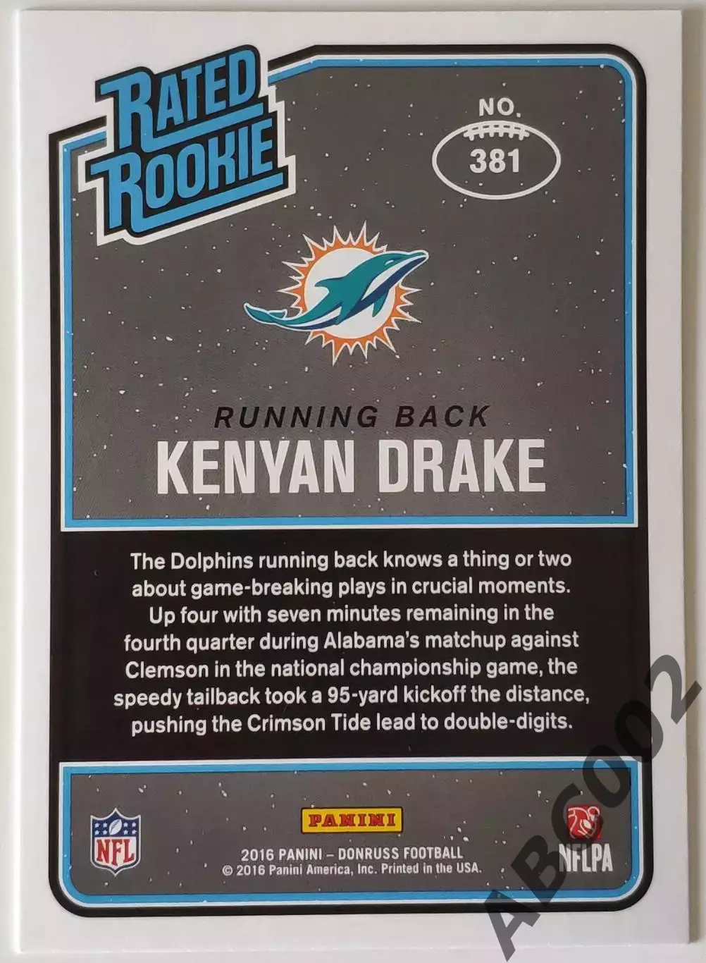 Карточка NFL / Kenyan Drake / Miami Dolphins / Rated Rookie 1