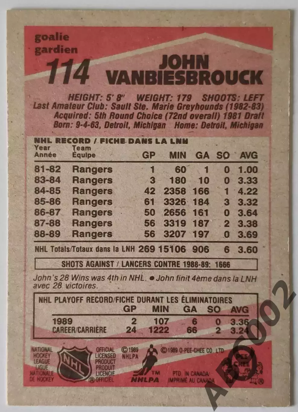 Карточка НХЛ / John Vanbiesbrouck / Rangers / O-Pee-Chee 1
