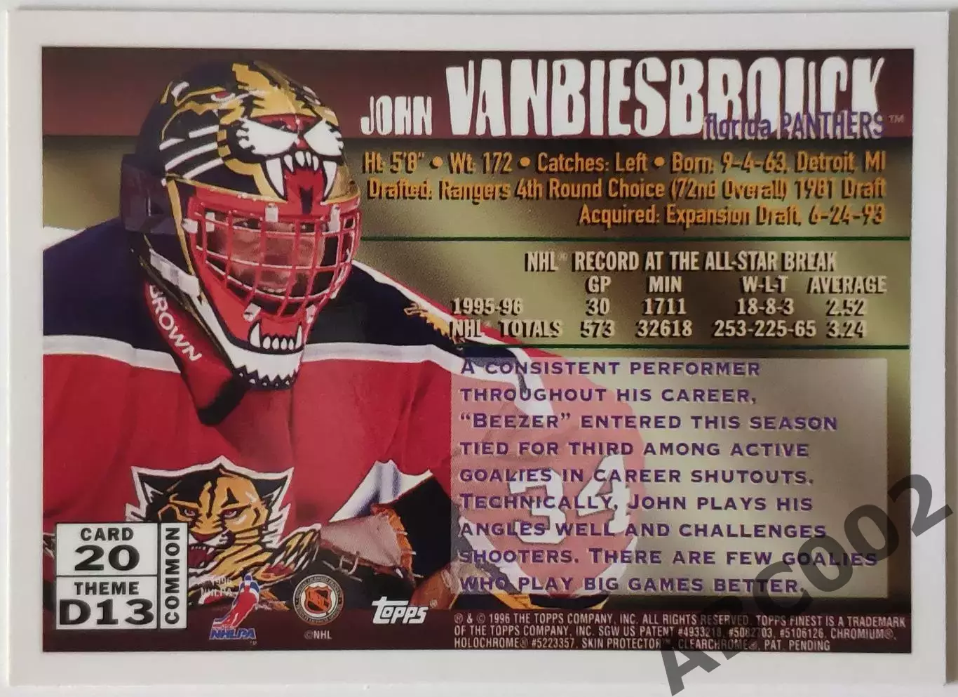 Карточка НХЛ / John Vanbiesbrouck / Panthers / Topps Finest 1