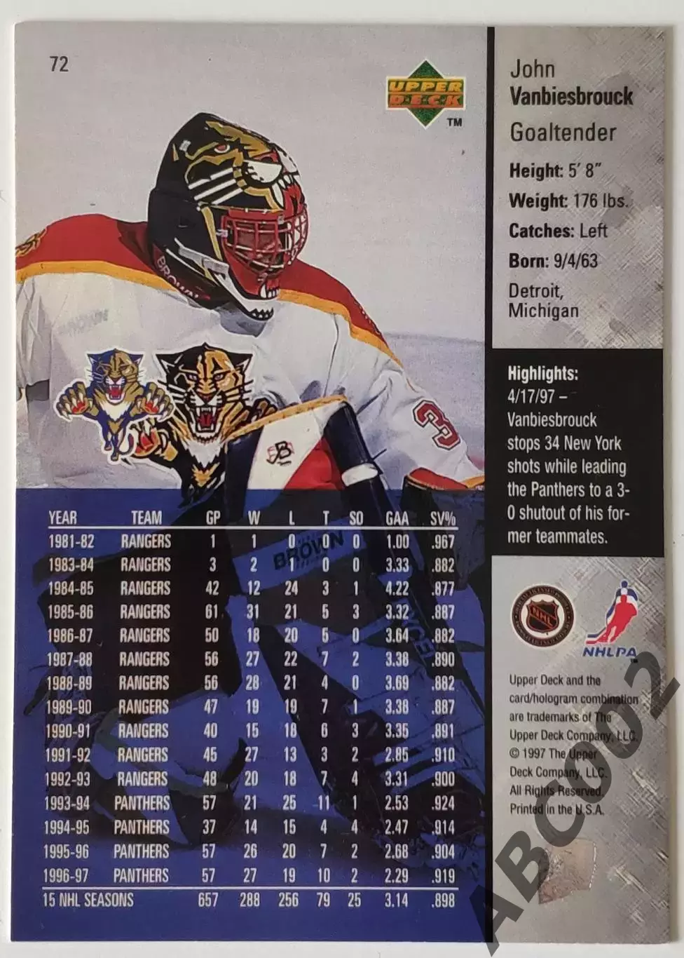 Карточка НХЛ / John Vanbiesbrouck / Panthers / Game Dated 1