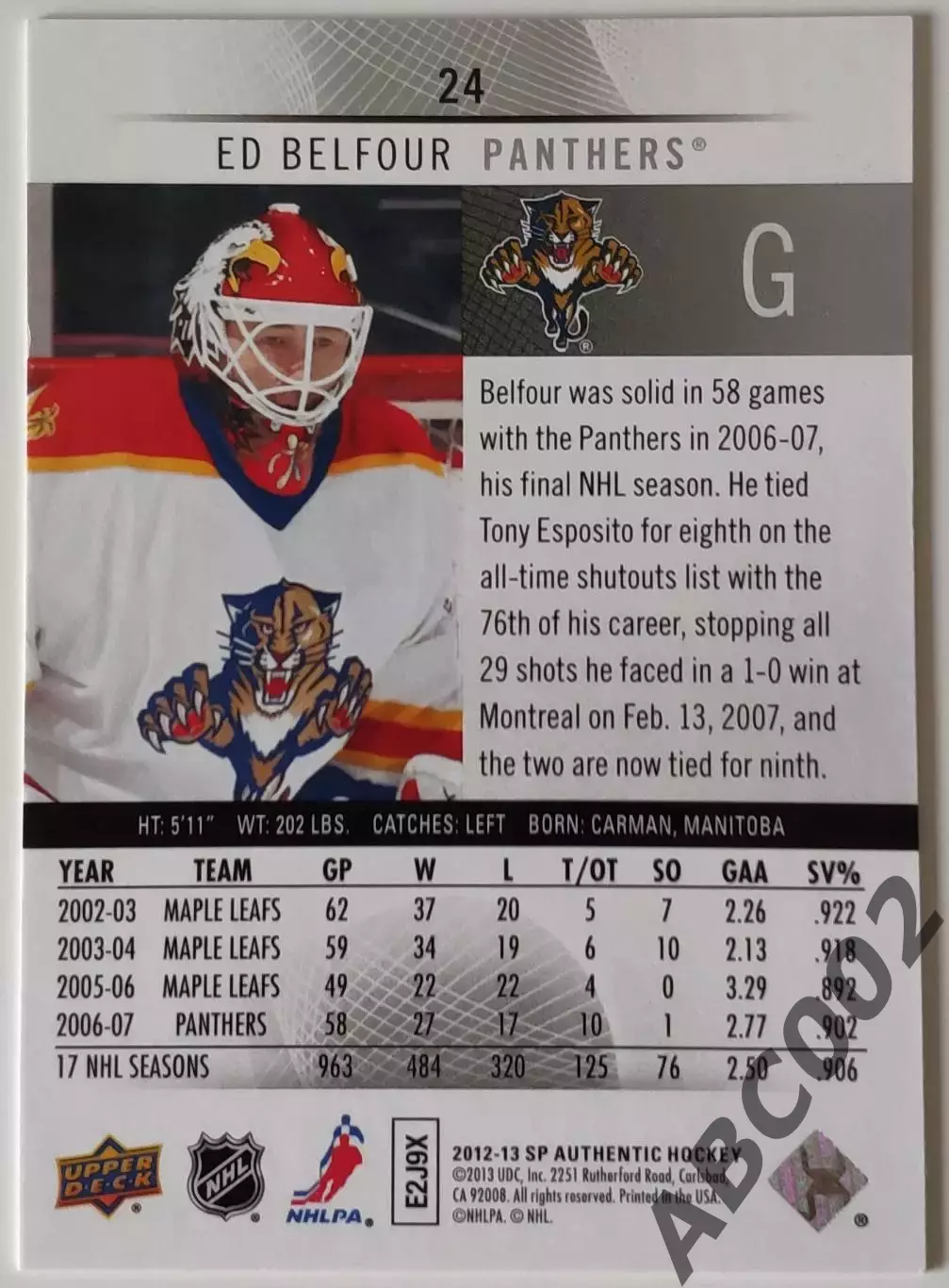 Карточка НХЛ / Ed Belfour / Panthers / SP Authentic 1