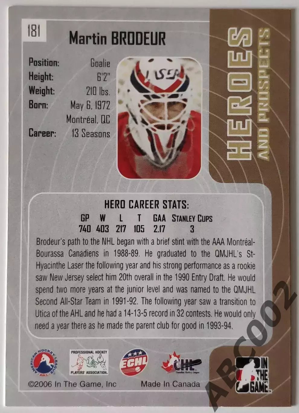 Карточка НХЛ / Martin Brodeur / Devils / In The Game 1