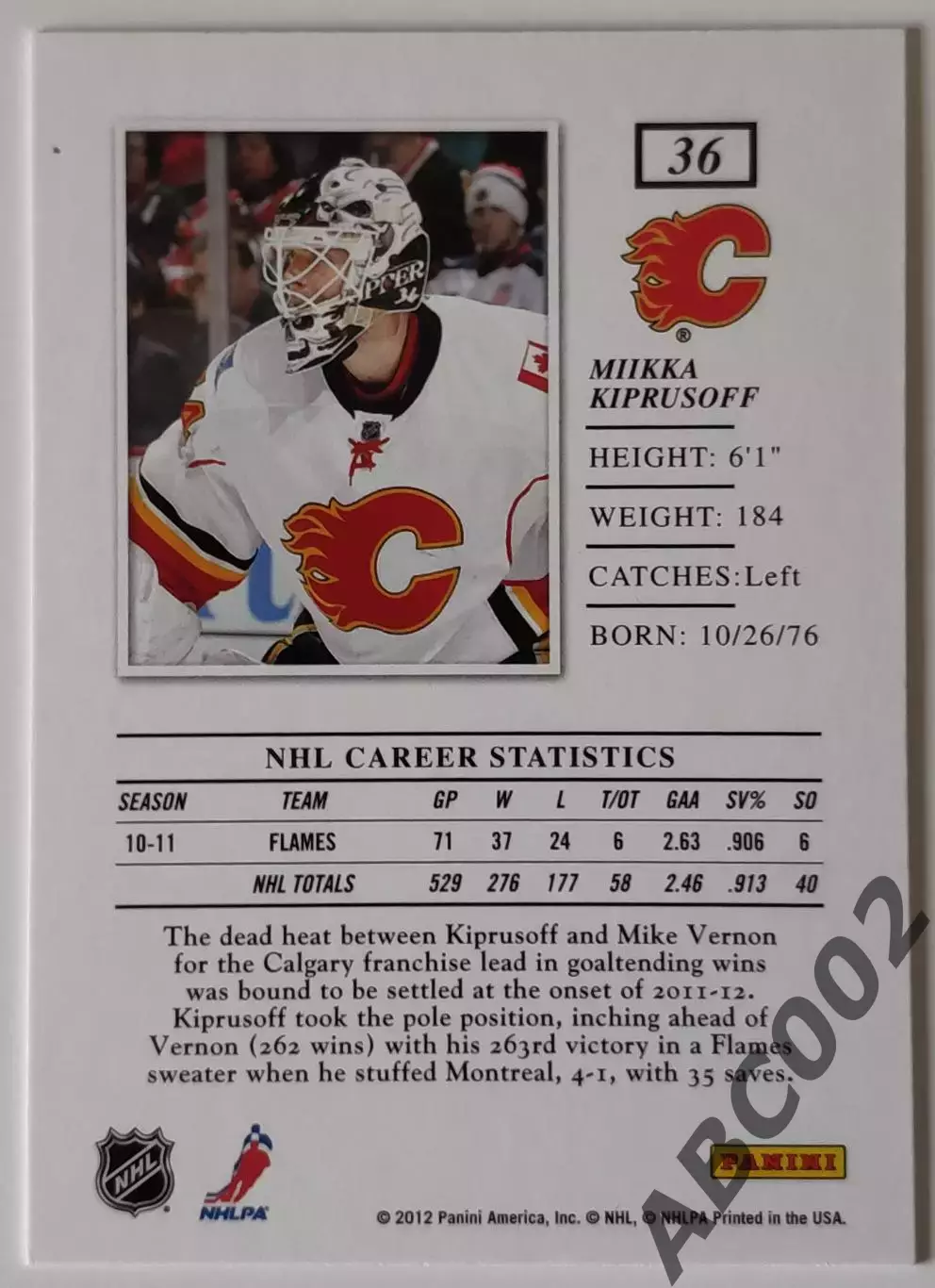 Карточка НХЛ / Mikka Kiprusoff / Flames / Elite Silver 1