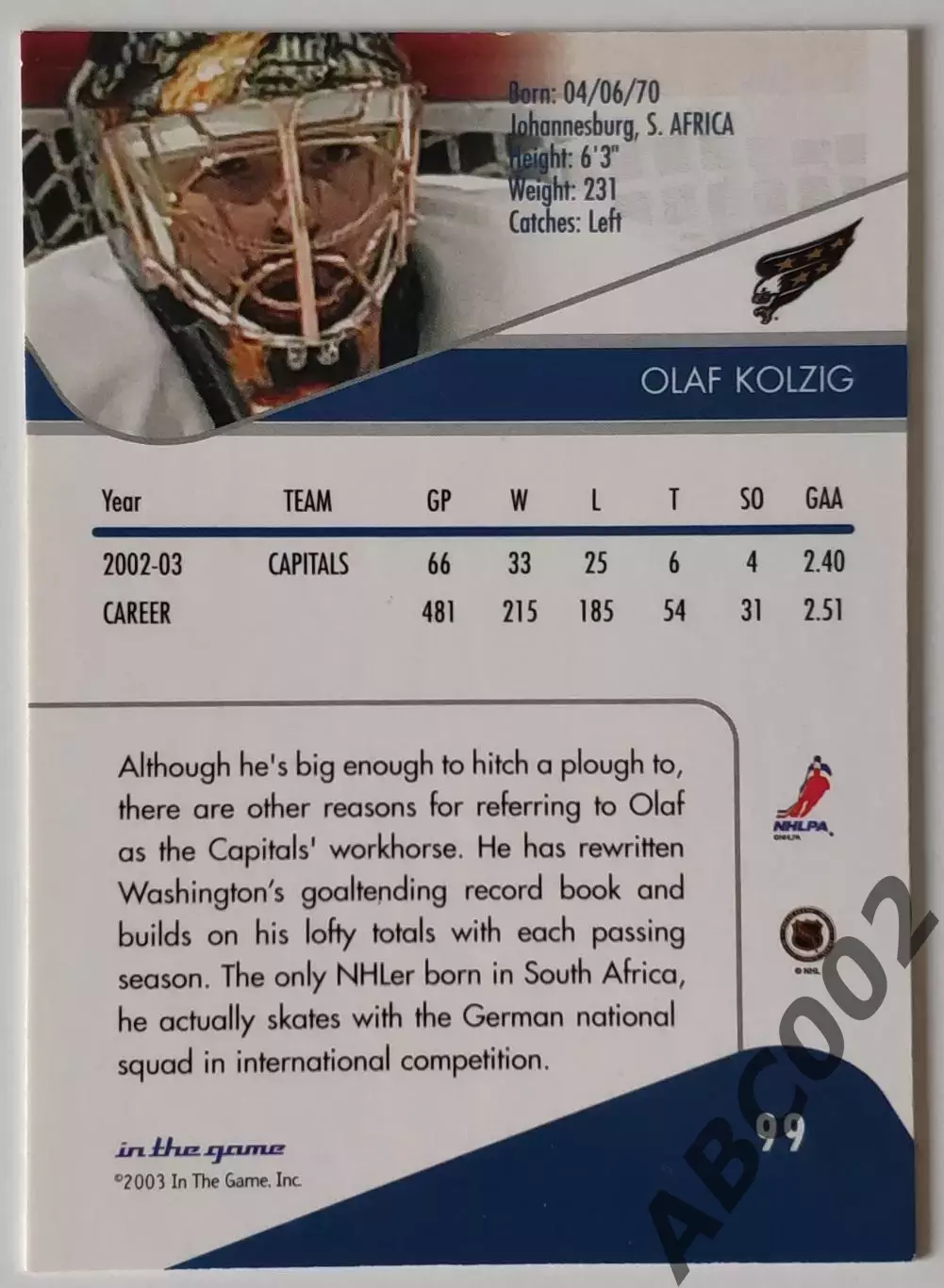 Карточка НХЛ / Olaf Kolzig / Capitals / In The Game 1