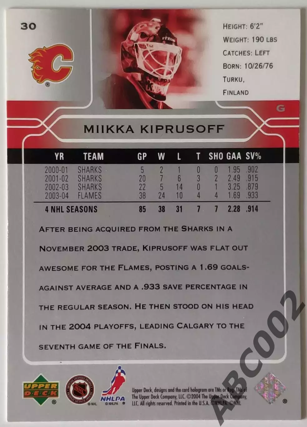 Карточка НХЛ / Mikka Kiprusoff / Flames / Upper Deck 1