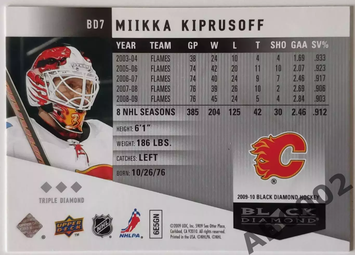 Карточка НХЛ / Mikka Kiprusoff / Flames / Black Diamond 1