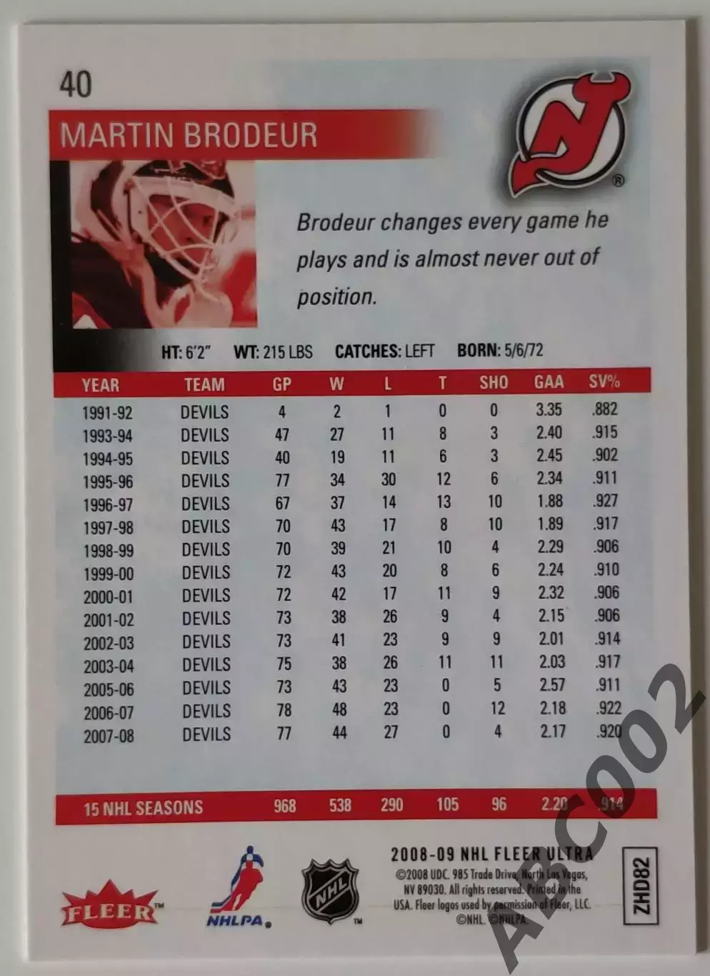 Карточка НХЛ / Martin Brodeur / Devils / Fleer 1