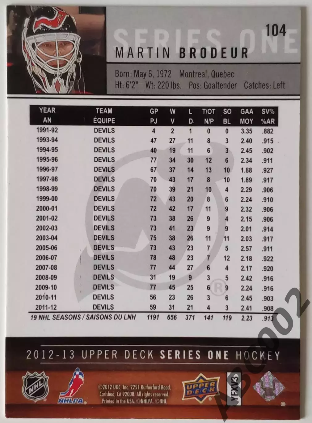 Карточка НХЛ / Martin Brodeur / Devils / Series 1 1