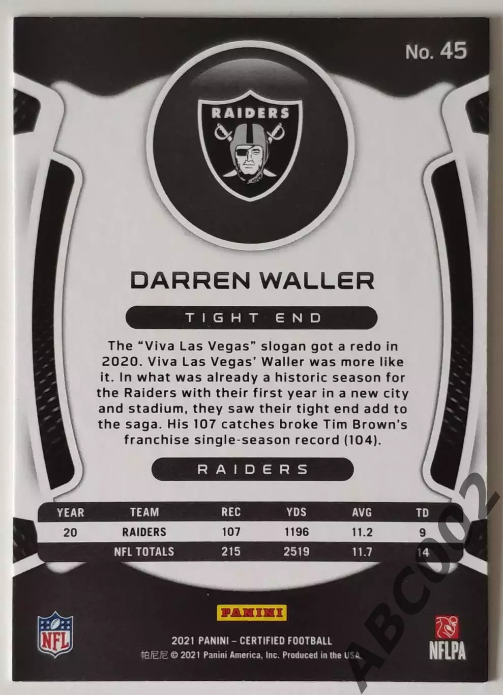 Карточка NFL / Darren Waller / Raiders / Certified 1