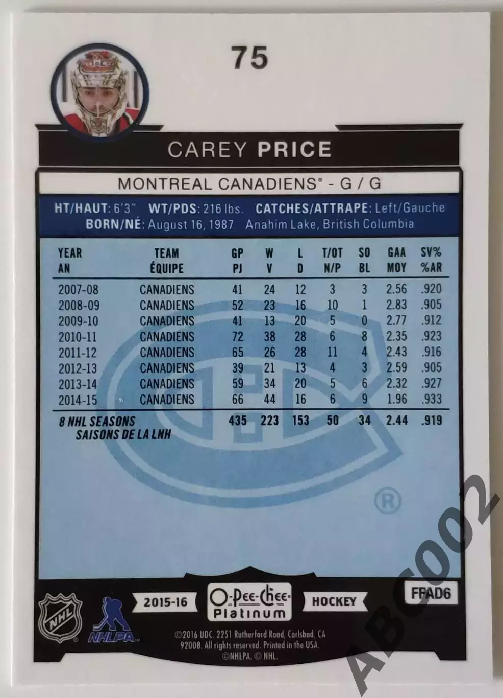 Карточка НХЛ / Carey Price / Canadiens / NHL All Star O-Pee-Chee 1