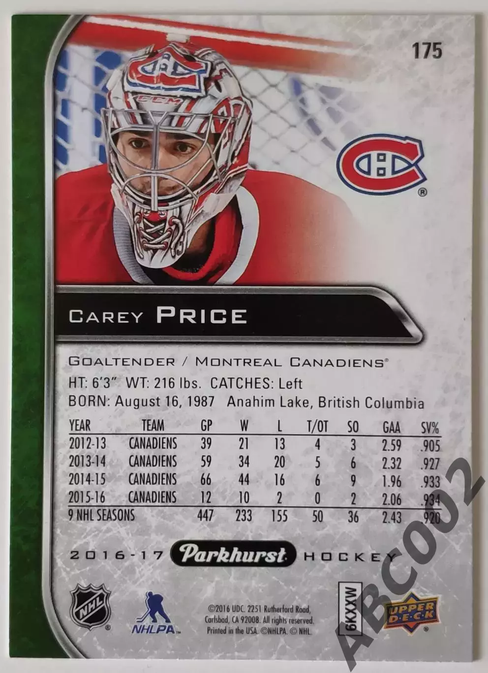 Карточка НХЛ / Carey Price / Canadiens / Parkhurst 1