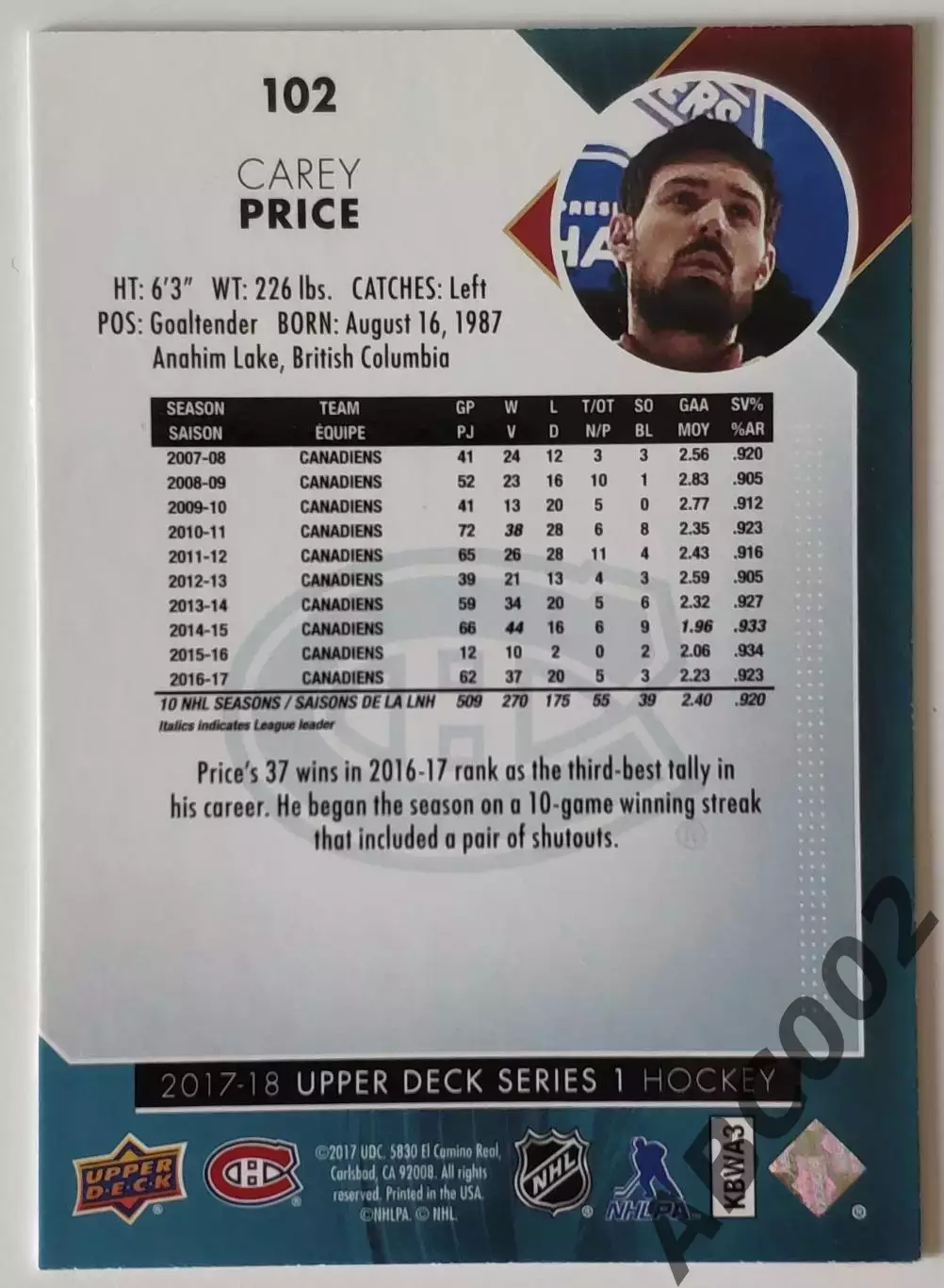 Карточка НХЛ / Carey Price / Canadiens / Series 1 1