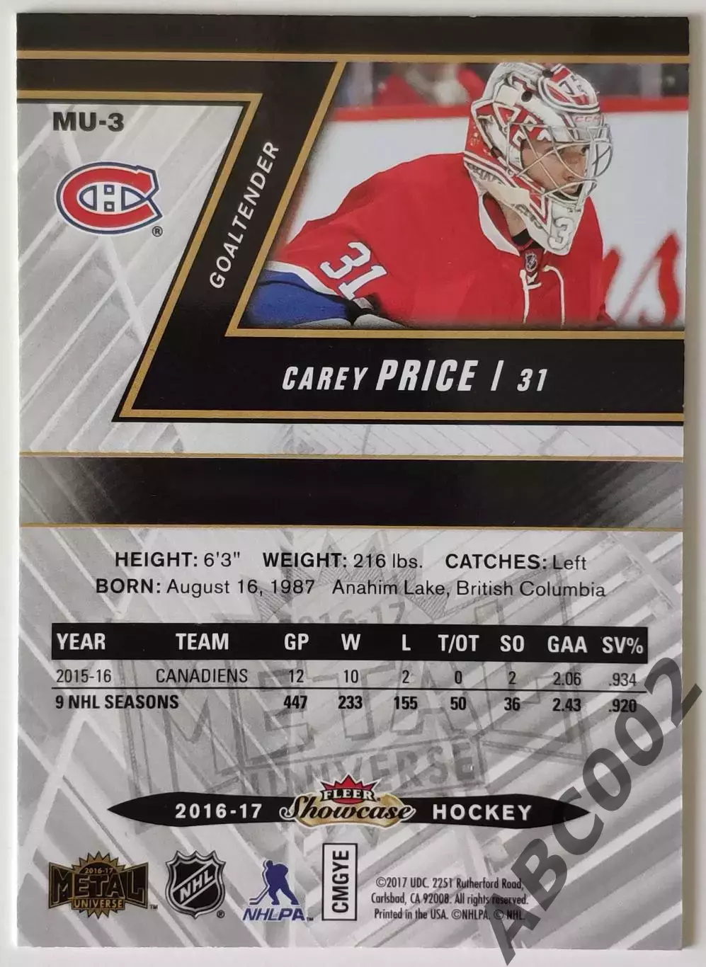Карточка НХЛ / Carey Price / Canadiens / Metal Universe 1