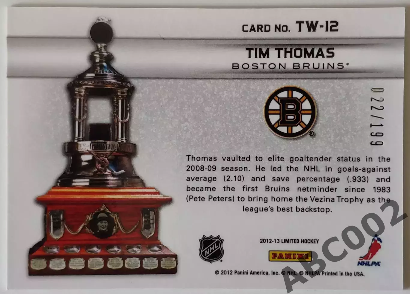 Карточка НХЛ / Tim Thomas / 22 из 199 / Bruins / Limited 1
